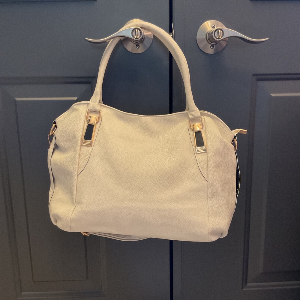 Cream Pebbled Faux Leather Satchel Handbag Gold Hardware Shoulder Bag